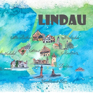 Carte préférée de Lindau avec les dix principaux sites touristiques - Impression d'art