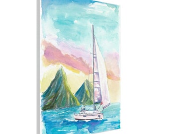 Sailboat and St Lucia Pitons in Caribbean Sailing Scene with Ocean Spray - Limited Edition Fine Art Print - Original Painting available