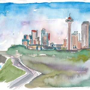 Niagara Falls NY Impressionistic Watercolor Skyline - Limited Edition Fine Art Print - Original Painting available