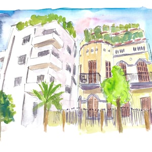 Casas antigas de Neve Tzedek Tel Aviv e rua Bauhaus e impressão de belas artes de edição limitada