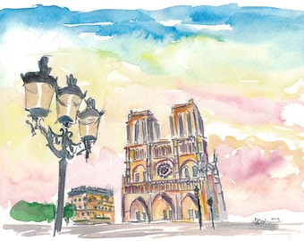 Catedral de Notre Dame de París, Francia, al atardecer - Pintura original y lámina artística