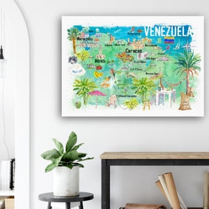 May include: A watercolor illustration of a map of Venezuela with various cities and landmarks labeled. The map is surrounded by palm trees, a beach, and a blue sky. The words "VENEZUELA" are written in black at the top of the map.