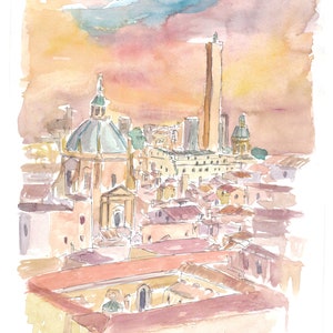 Vista de la ciudad de Bolonia Italia con el casco antiguo al atardecer - Impresión de bellas artes de edición limitada