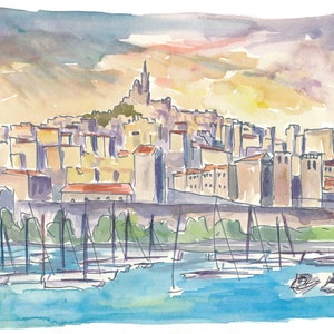 Mediterranean Marseille France Harbour at Sunset - Limited Edition Fine Art Print - Original Painting available
