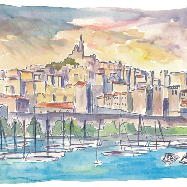 Mediterranean Marseille France Harbour at Sunset - Limited Edition Fine Art Print - Original Painting available
