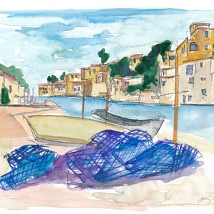 Escena del puerto de Mallorca Baleares - Impresión de bellas artes de edición limitada - Pintura original disponible