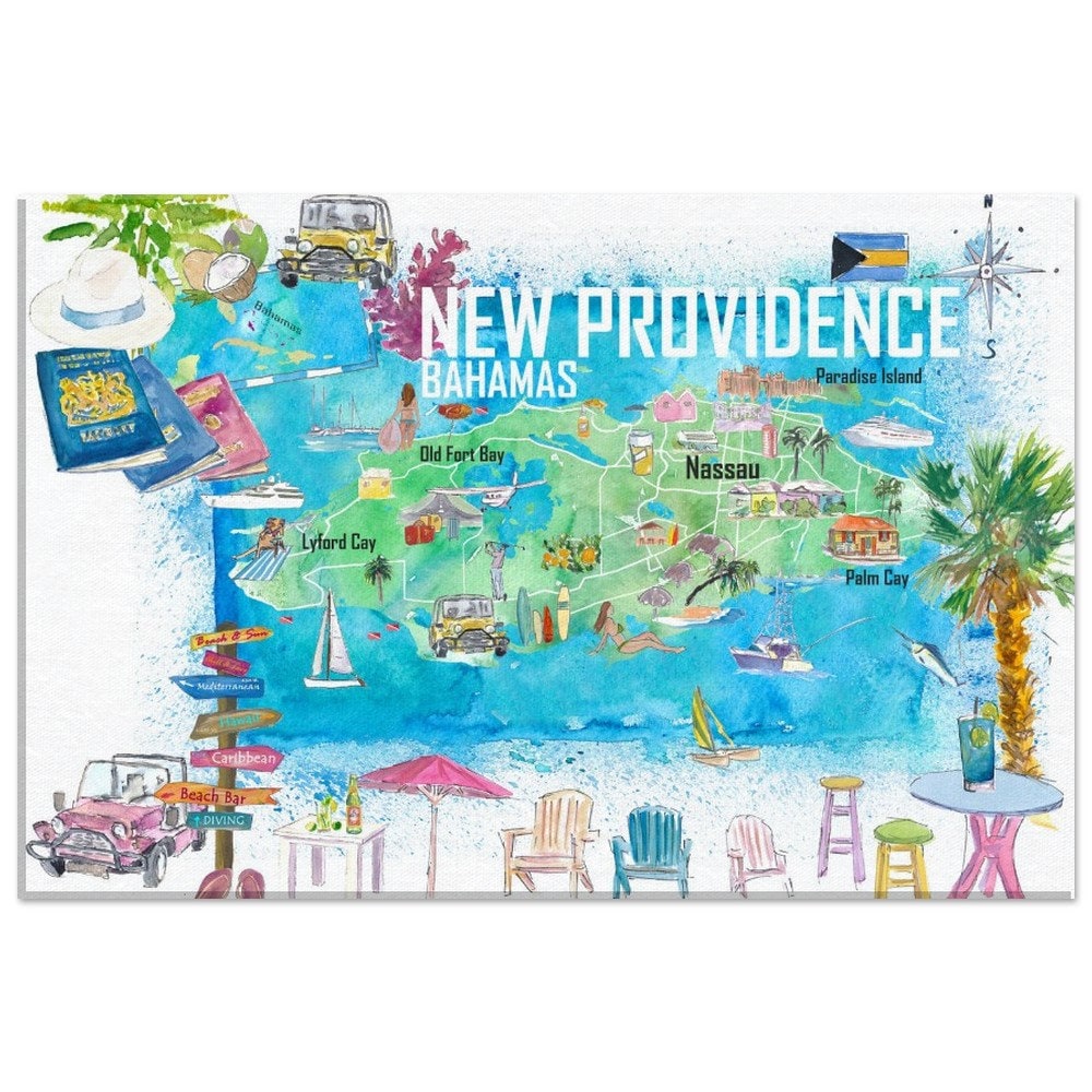 New Providence Bahamas Illustrated Island Travel Map With