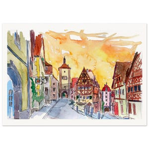 Romantic Rothenburg Tauber Germany Frankonia Sunset Watercolor - Fine Art Print Giclee - Original Available