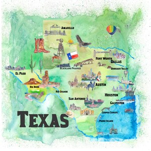 Carte d'affiche de voyage de l'État du Texas aux États-Unis avec les points forts touristiques