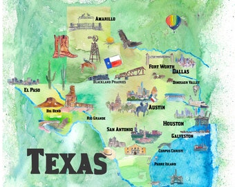 USA Texas State Travel Poster Map with Tourist Highlights