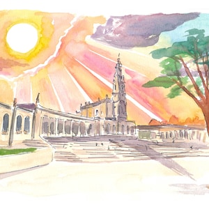 Pôr do sol sobre o Santuário de Nossa Senhora do Rosário de Fátima - Impressão de belas artes de edição limitada - Pintura original disponível