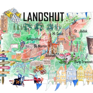 Mapa favorito ilustrado de Landshut con carreteras y atracciones turísticas