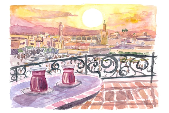 Amazing Marrakech Morocco Rooftop Romance with Tea and Fna Square - Limited Edition Fine Art Print - Original Painting available