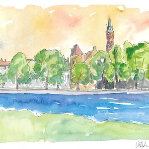 Landshut River View Isar St Martin and Roeckl Tower - Limited Edition Fine Art Print - Original Painting available