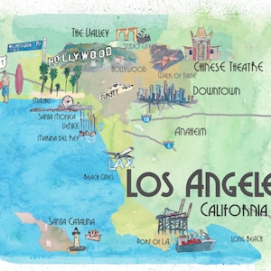 Greater Los Angeles Fine Art Print Retro Vintage kaart met toeristische hoogtepunten in kleurrijke retro print