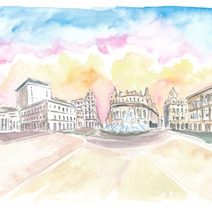 Genoa Italy Main Square Piazza at Sunrise  - Limited Edition Fine Art Print - Original Painting available