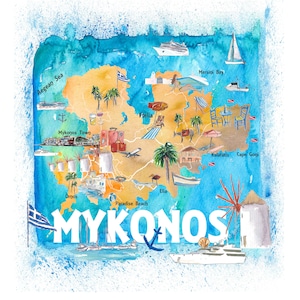 Mykonos Griechenland Illustrierte Reisekarte mit Straßen Sehenswürdigkeiten und Touristische Highlights Fine Art Print