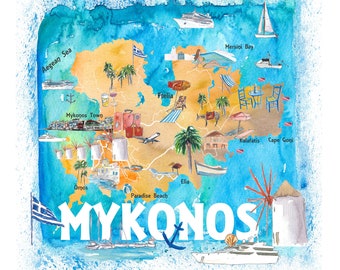 Mykonos Griechenland illustrierte Reisekarte mit Straßen, Sehenswürdigkeiten und historischen Highlights als Kunstdruck