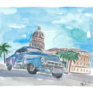 Havana Cuba Oldtimer passing Capitol on Paseo de Marti Painting & Limited Edition Fine Art Print