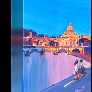 Rome Romantic Street Scene with Motorcycle and view of Vatican with Dome of St Peter - Fine Art Print - Original Available