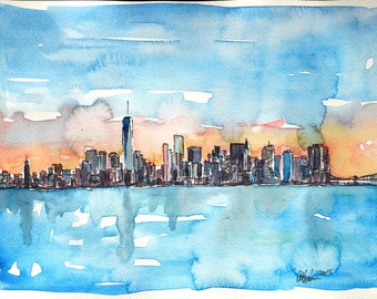 Downtown Manhattan Skyline At Dusk In Watercolor - Limited Edition Fine Art Print
