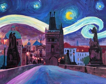 Starry Night in Prague - Van Gogh Inspirations on Charles Bridge Painting & Fine Art Print