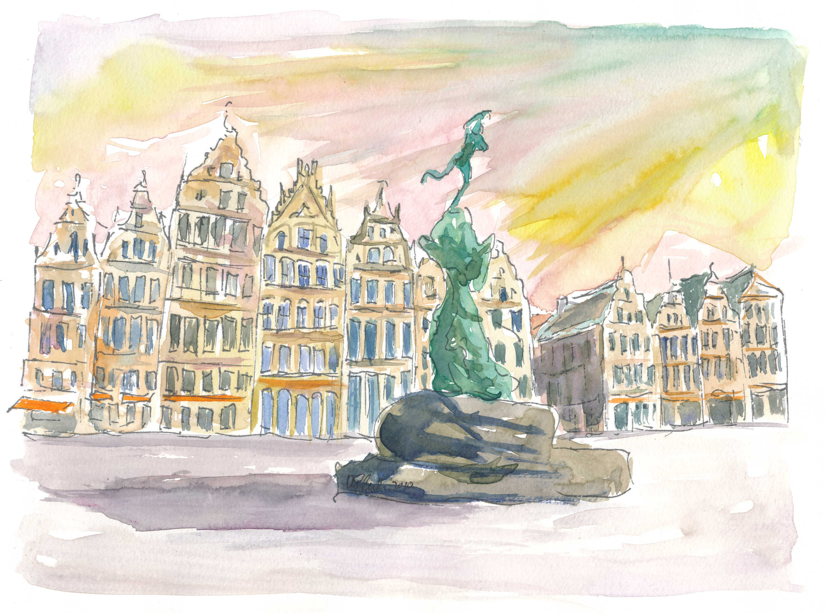 Grote Markt Antwerp Street Scene Afternoon - Limited Edition Fine Art Print - Original Painting available