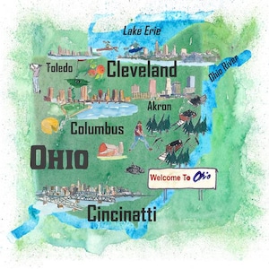 Carte d'affiche de voyage illustrée de l'État de l'Ohio aux États-Unis avec des points forts touristiques