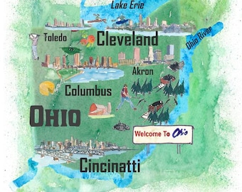 USA Ohio State Illustrated Travel Poster Map with Touristic Highlights
