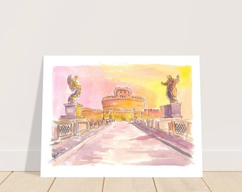 Castel Sant'Angelo with Aelian Bridge and Sunrise over Rome - Limited Edition Fine Art Print - Original Painting available