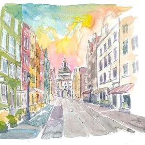 May include: Watercolor painting of a street scene with colorful buildings and a large archway in the distance. The sky is a vibrant orange and yellow, with clouds painted in shades of blue and green.
