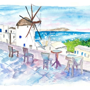 Wonderful View of Mykonos Greece with Windmill and Aegean Sea - Limited Edition Fine Art Print - Original Painting available