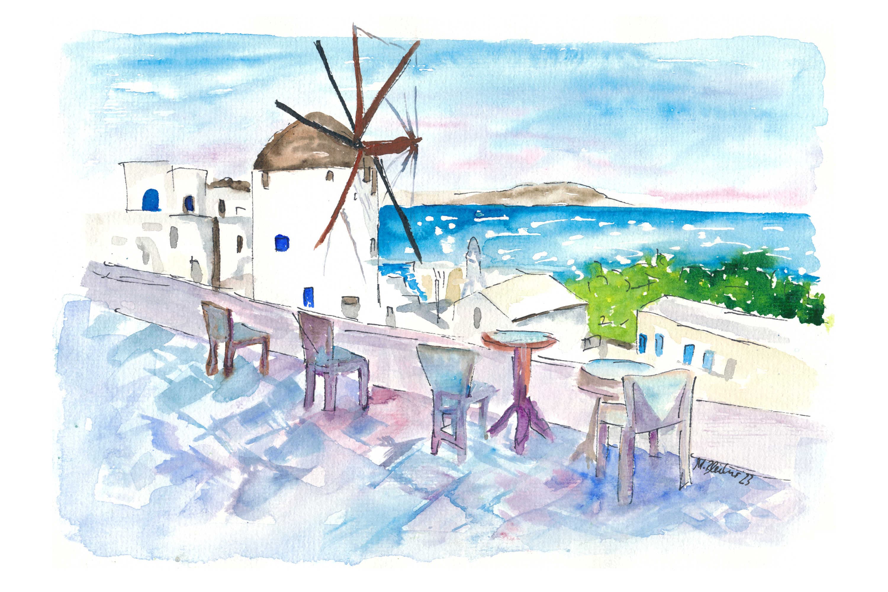 Pintoresca vista de la ciudad de mykonos y el molino de viento en un día  soleado