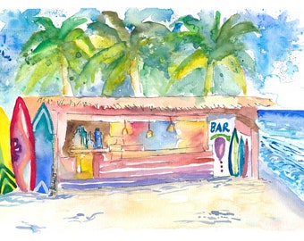 Tropical Dreams at the Beach Bar under Palms - Limited Edition Fine Art Print - Original Painting available