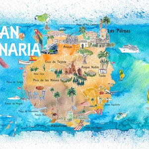 Carte illustrée de Gran Canaria Espagne avec points de repère et faits saillants - Fine Art Print