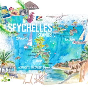 Seychelles Islands Illustrierte Reisekarte mit touristischen Highlights - Fine Art Print