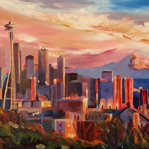 Seattle Skyline With Space Needle And Mt Rainier Painting - Fine Art Print Giclee Available