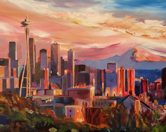 Skyline de Seattle avec Space Needle et Mt Rainier Painting - Fine Art Print Giclee Disponible
