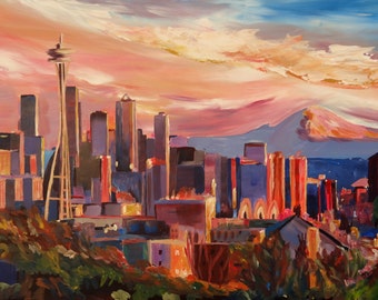 Seattle Skyline With Space Needle And Mt Rainier Painting - Fine Art Print Giclee Available