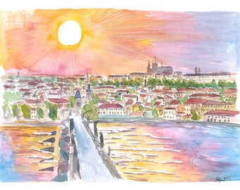 Prague Sunset View of Charles Bridge and Castle - Limited Edition Fine Art Print - Original Painting available