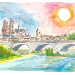 Orleans France view of cathedral and Loire river - Limited Edition Fine Art Print - Original Painting available