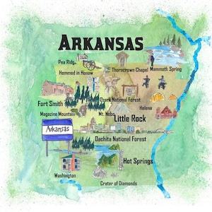 Carte d'affiche de voyage de l'État de l'Arkansas aux États-Unis avec les points forts touristiques