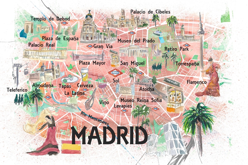 May include: A watercolour illustration of a map of Madrid, Spain. The map features landmarks, including the Palacio Real, the Temple of Debod, the Plaza Mayor, and the Retiro Park. The map also includes text labels for various locations, such as "Teleferico", "Almudena", "Tapas La Latina", "Cerveza", "Vino", "Sol", "San Miguel", "Atocha", "Museo Reina Sofia", "Lavapies", "Rio Manzanares", "Torrespaña", "Flamenco", and "Gran Via".