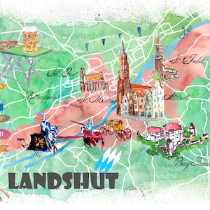 Landshut Bayern Illustrierte Karte mit Hauptstraßen Sehenswürdigkeiten und Highlights