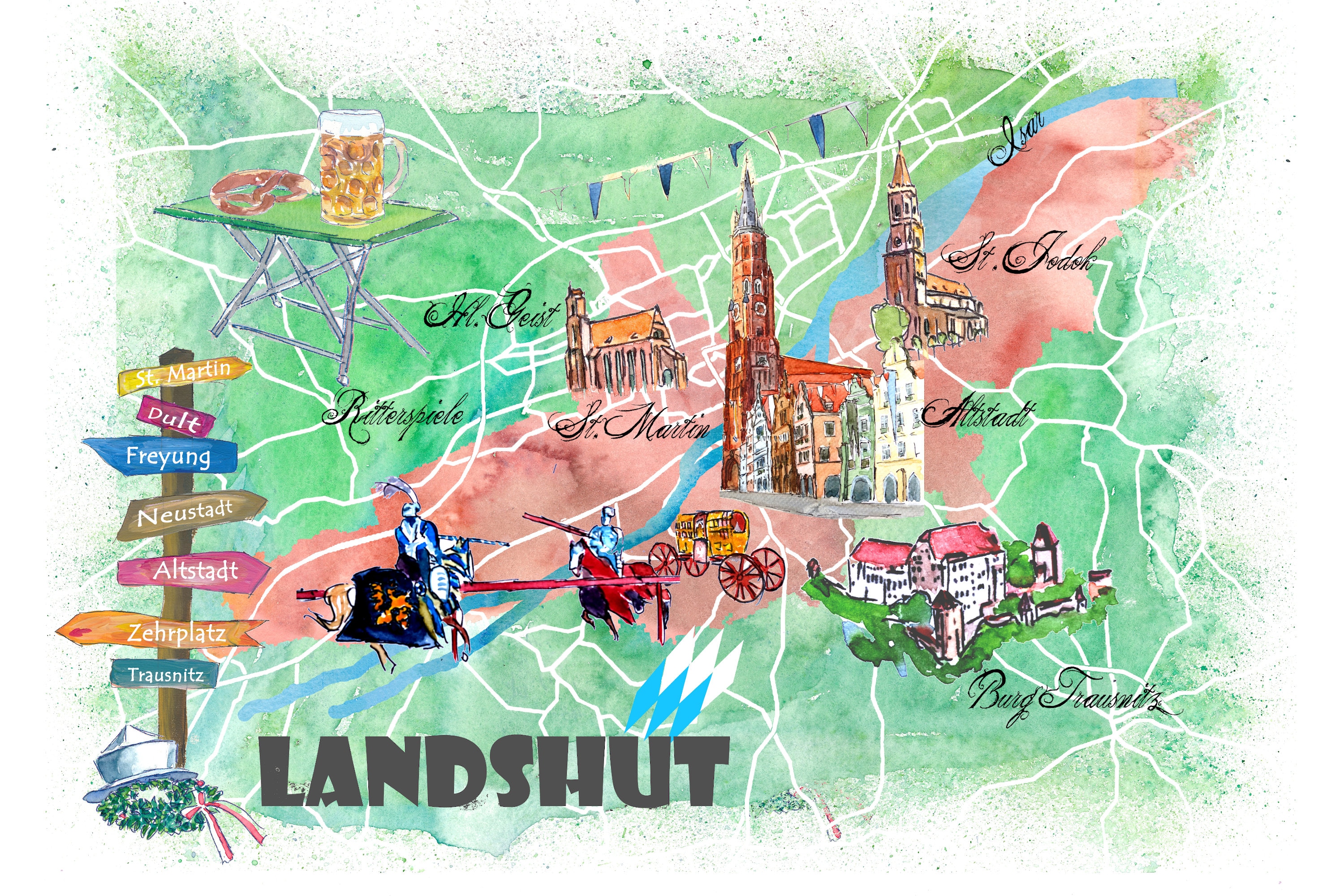 Landshut Bayern Illustrierte Karte mit Hauptstraßen | Etsy