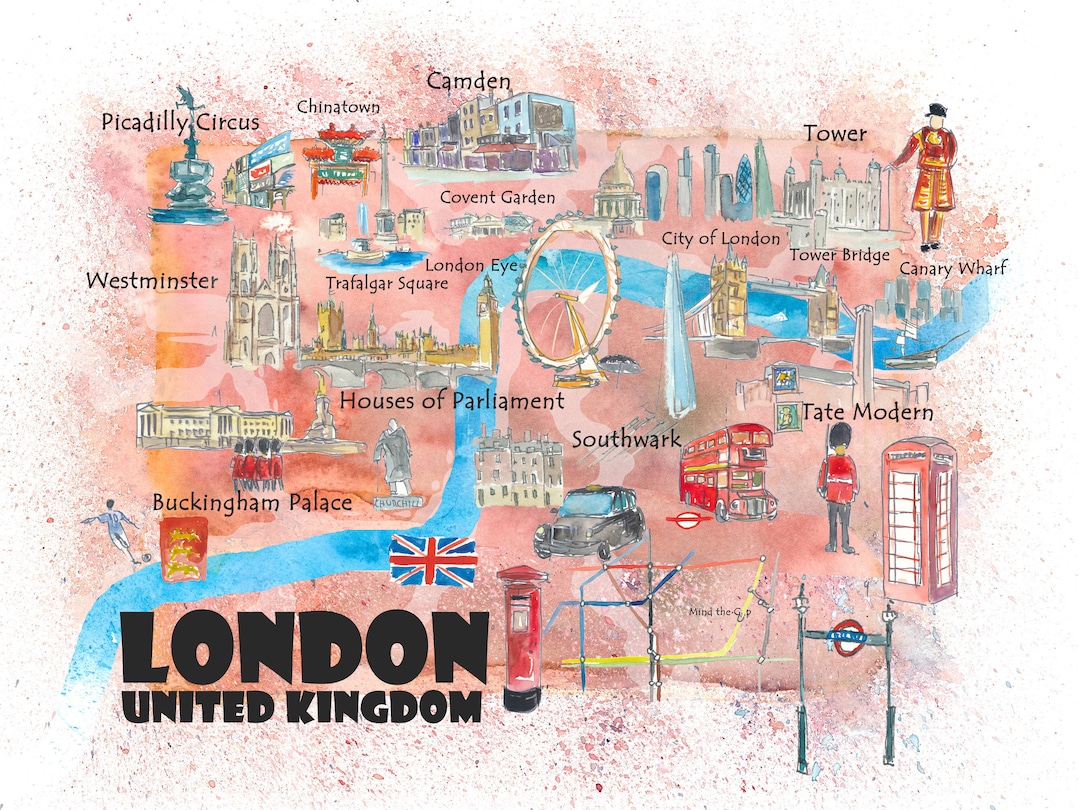 ロンドン イギリス イラスト入り旅行ポスター お気に入りの地図 観光のハイライト - Etsy 日本