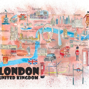 London UK Illustriertes Reiseposter Lieblingskarte Touristische Highlights