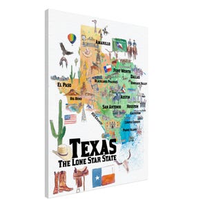 Affiche de voyage illustrée de l'État du Texas, États-Unis, carte préférée avec les routes et les points forts touristiques