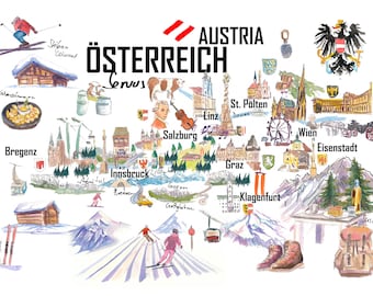Austria Illustrations with Travel Plans, Highlights and Memories - Fine Art Print
