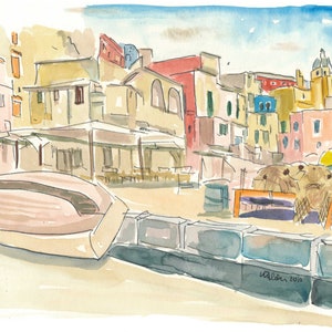 Procida Waterfront Peaceful Island en Italia - Impresión de bellas artes de edición limitada - Pintura original disponible